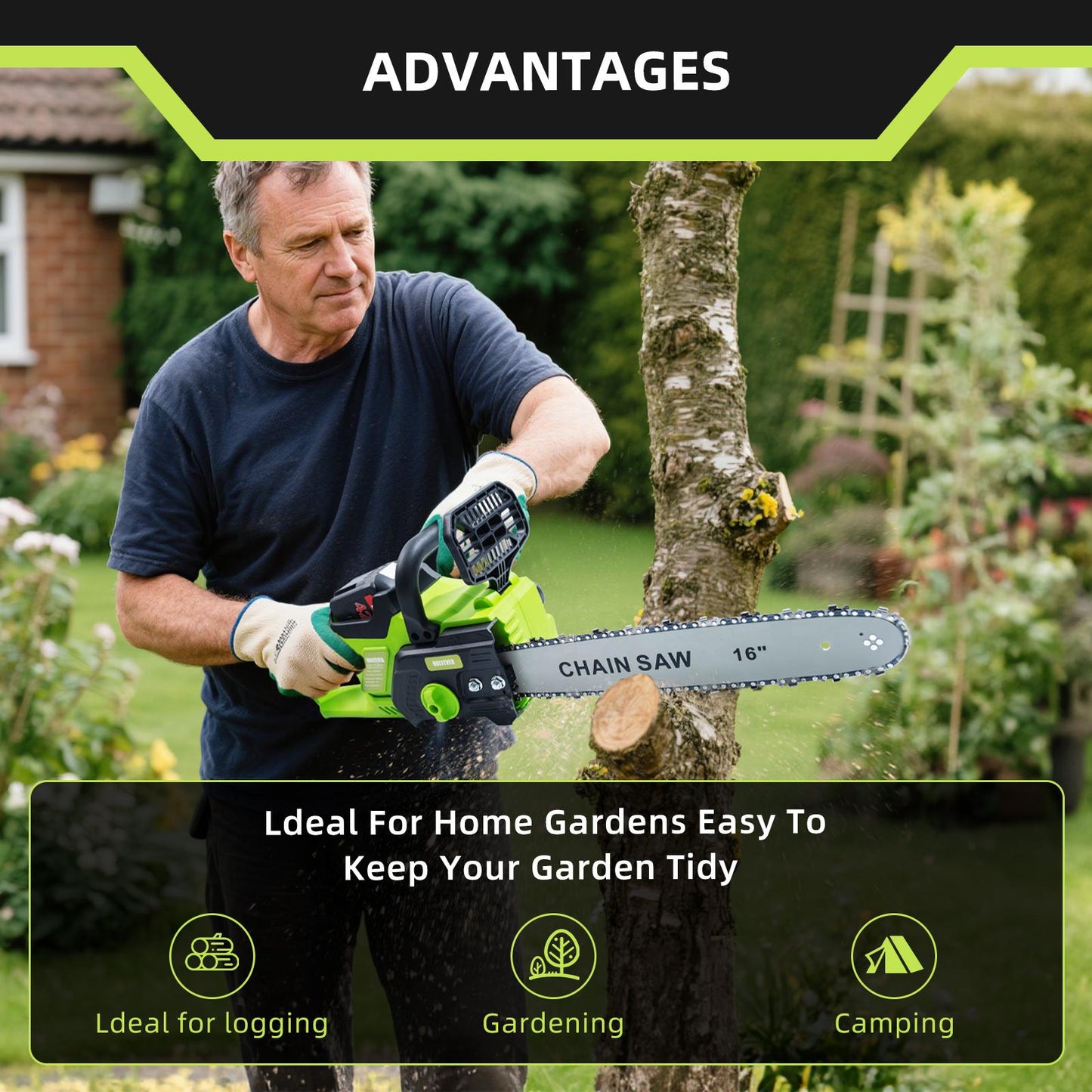 Holyever 42V 16” Cordless Electric Chain Saw, comes with two high capacity batteries for home, garden, logging, Father's Day gift.