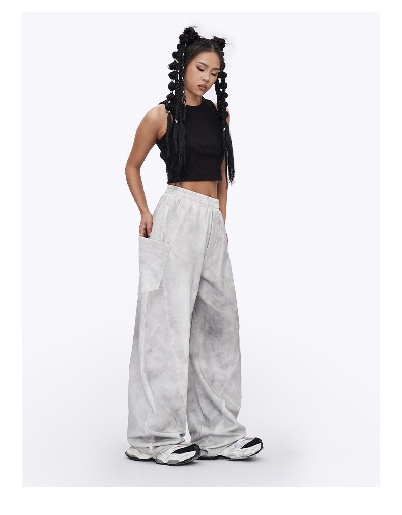 2024 Summer American White Grey Dirty Wide Leg Pants High Street Design Sense Old Joker Men SHW-410