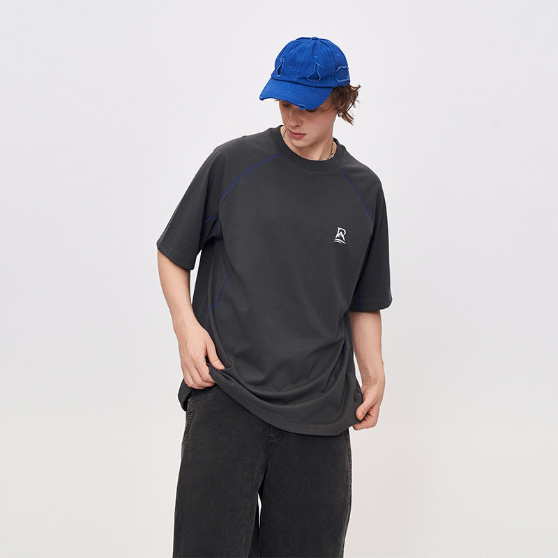 2025 Summer New Contrast Color Design Stitching Light Sports T-Shirt Men's Loose Breathable Simple Short Sleeve SH-693