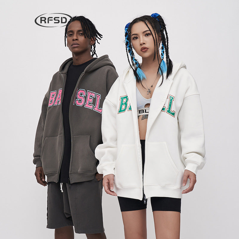 US Tide Zipper Hooded Wei Yi 2023 Autumn Contrast Letter Printing Fleece-lined Jacket Jacket Men SHW-396