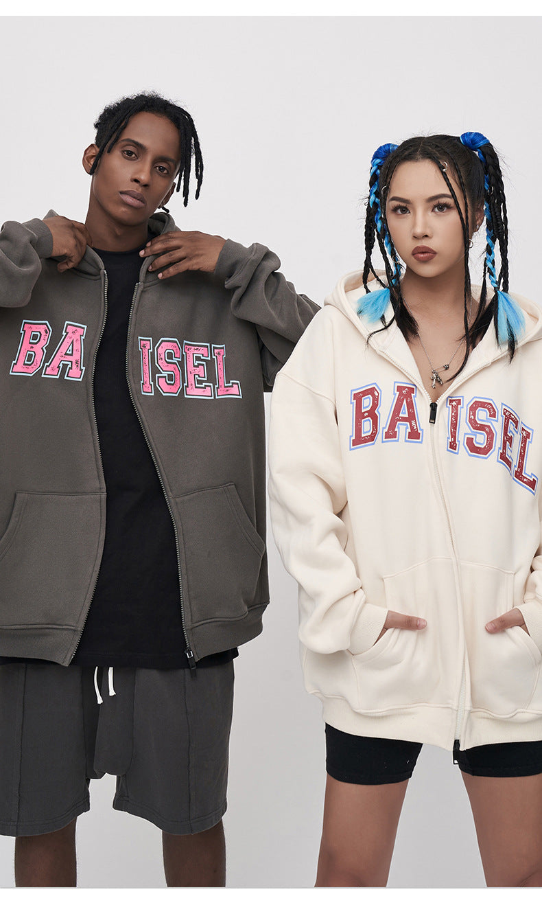 US Tide Zipper Hooded Wei Yi 2023 Autumn Contrast Letter Printing Fleece-lined Jacket Jacket Men SHW-396