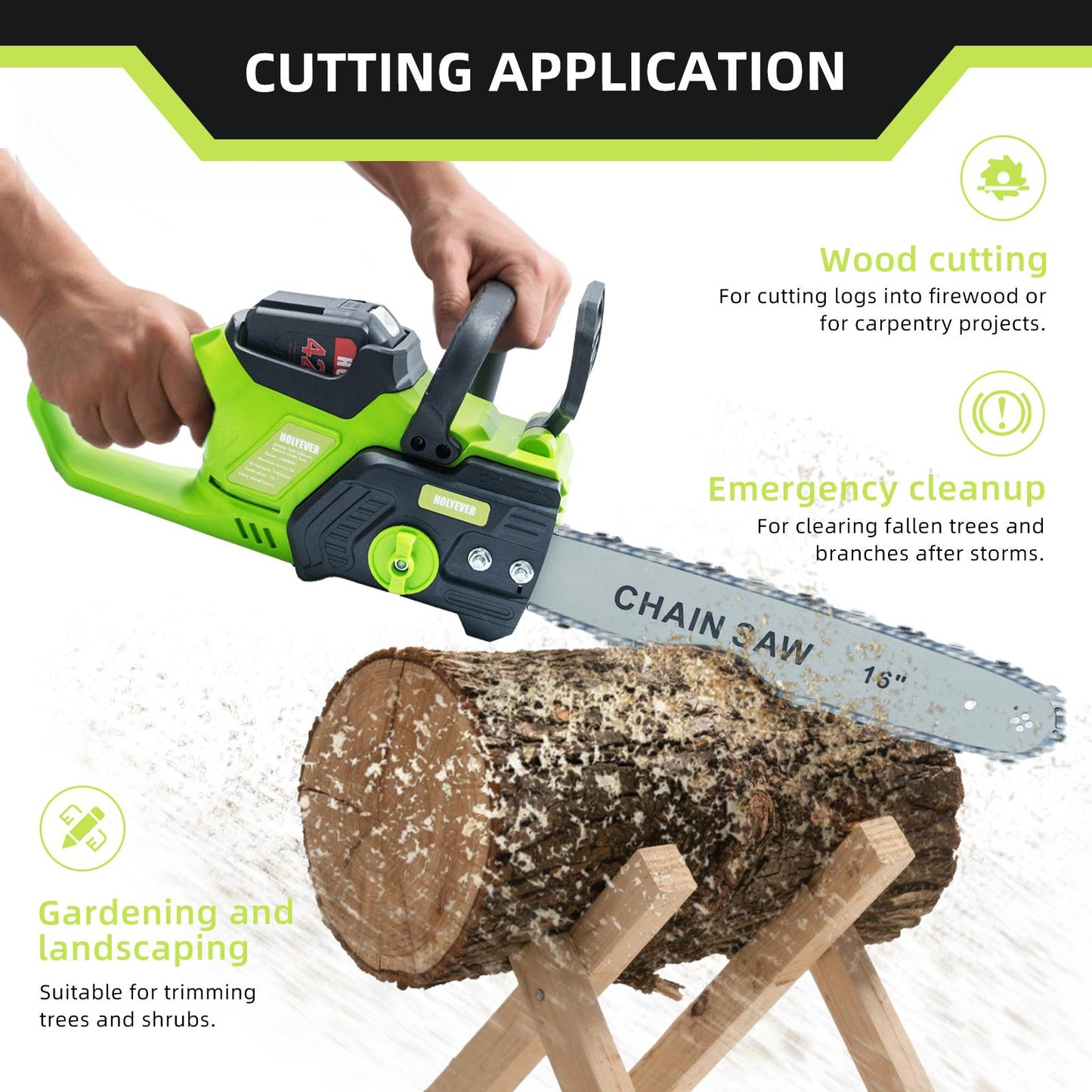 Holyever 42V 16” Cordless Electric Chain Saw, comes with two high capacity batteries for home, garden, logging, Father's Day gift.