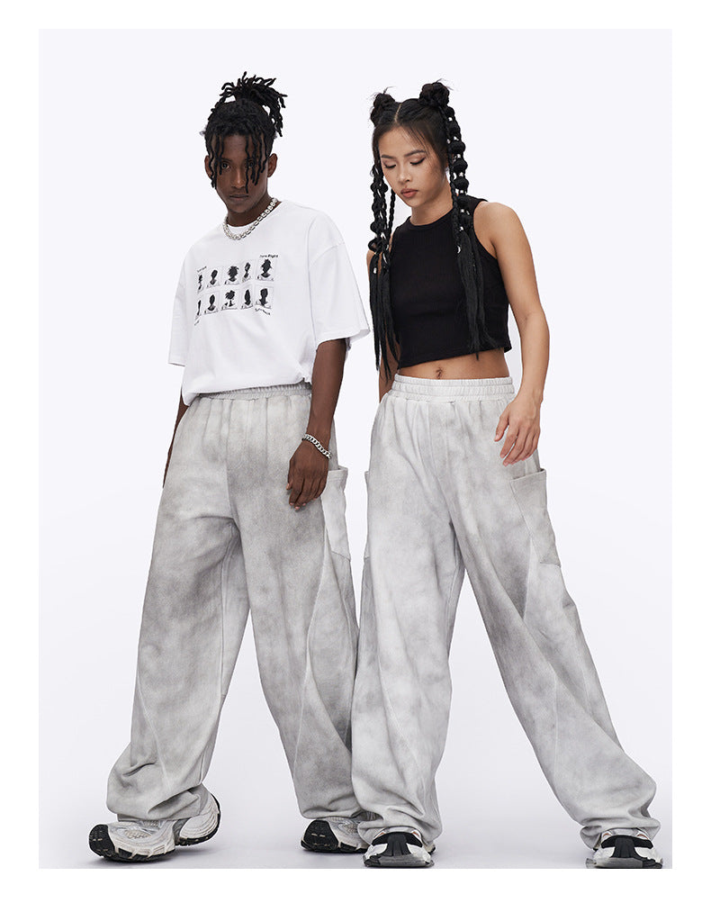 2024 Summer American White Grey Dirty Wide Leg Pants High Street Design Sense Old Joker Men SHW-410