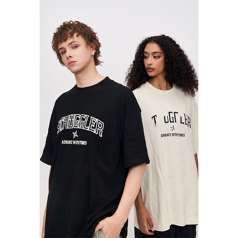 2025 Summer New American Style High Street Retro Embroidered Short-sleeved T-shirt Men's Round Neck Loose Fashion Brand SH-687