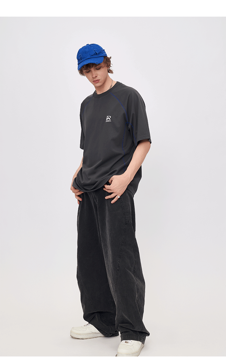 2025 Summer New Contrast Color Design Stitching Light Sports T-Shirt Men's Loose Breathable Simple Short Sleeve SH-693