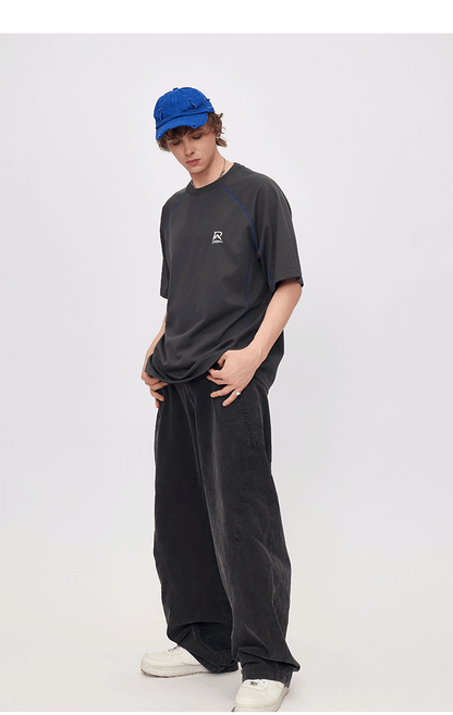 2025 Summer New Contrast Color Design Stitching Light Sports T-Shirt Men's Loose Breathable Simple Short Sleeve SH-693