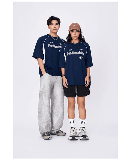 2025 Spring/Summer New Racing Suit Tide Brand American Letter Logo Stitching Contrast Color Short Sleeve T-shirt Men SH-655