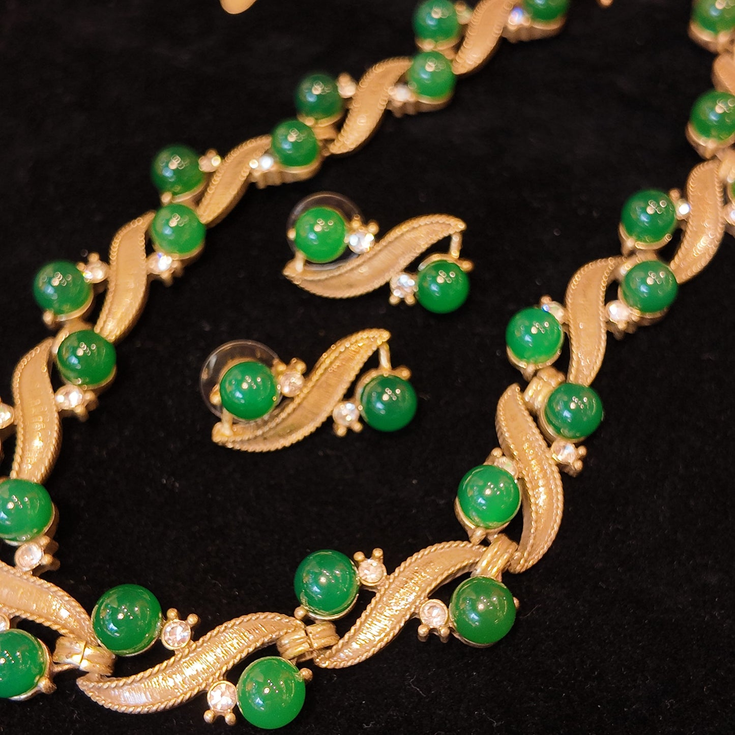 Green Ribbon Necklace Stud Earrings suit JA041