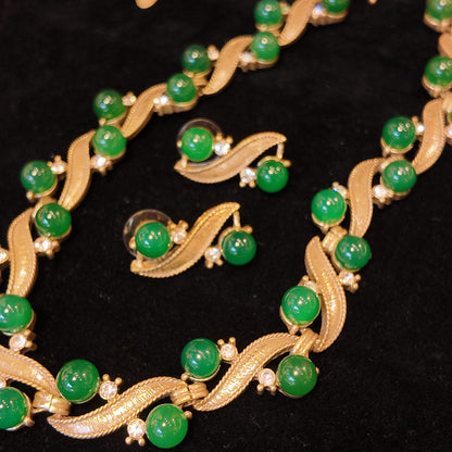 Green Ribbon Necklace Stud Earrings suit JA041
