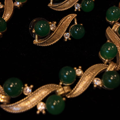 Green Ribbon Necklace Stud Earrings suit JA041