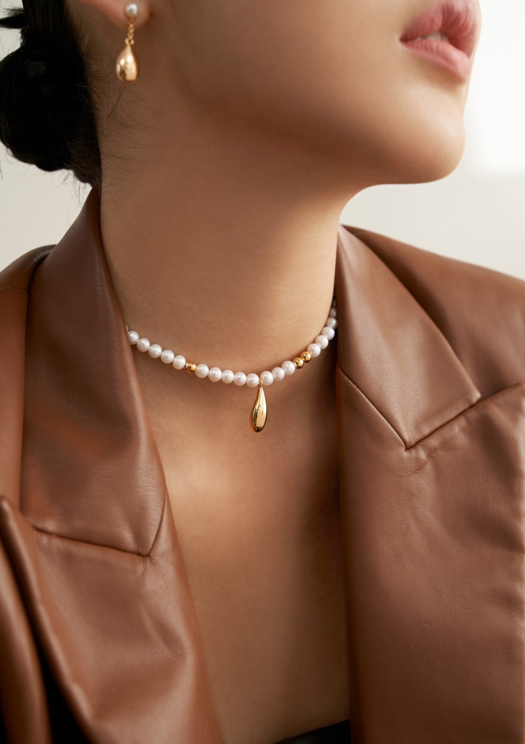 Gold Bead Water Drop Pearl Necklace D0231