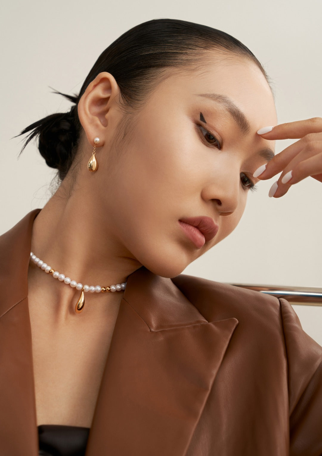 Gold Bead Water Drop Pearl Necklace D0231
