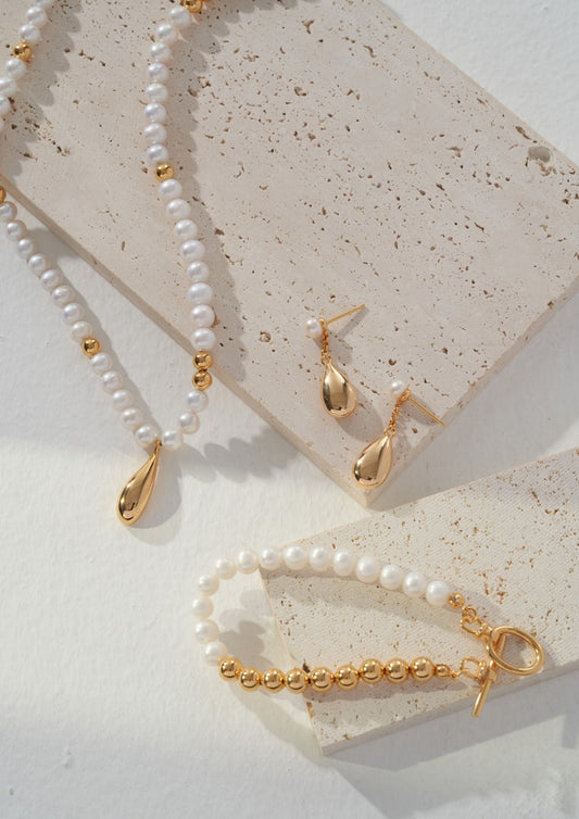 Gold Bead Water Drop Pearl Necklace D0231