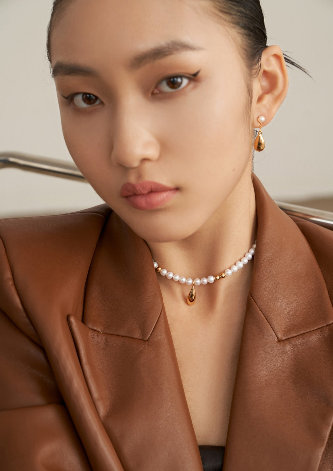 Gold Bead Water Drop Pearl Necklace D0231