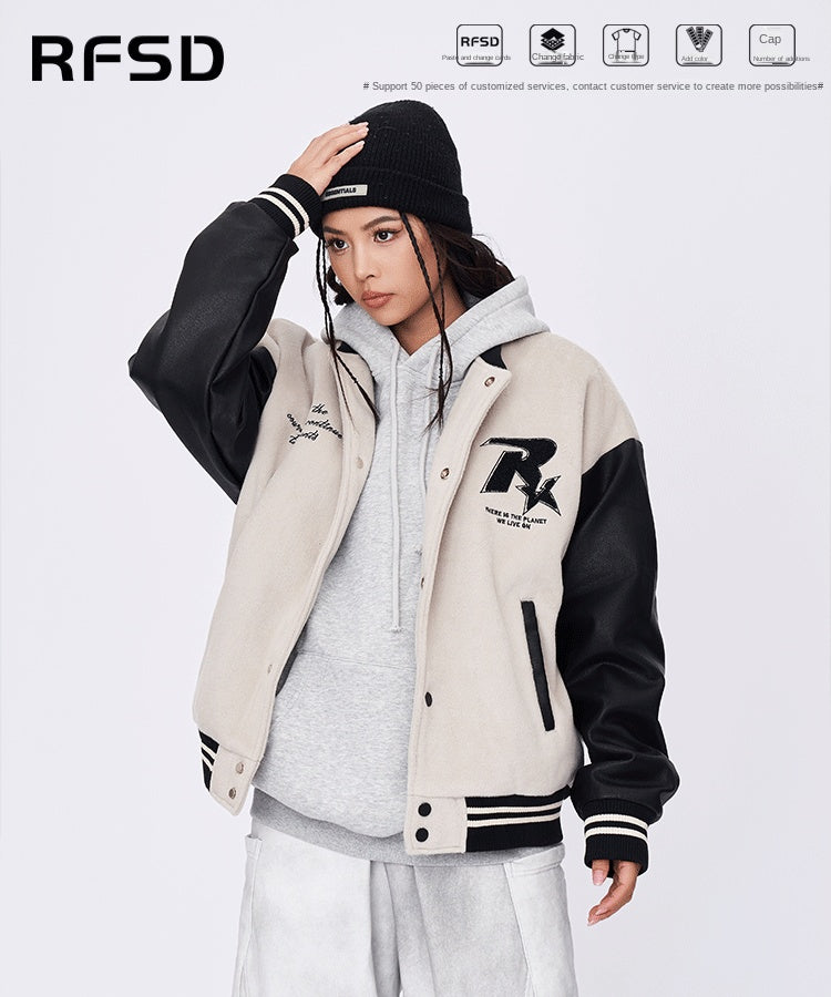 New Retro Street Leather Heavy Industry Embroidered Contrast Color Couple American Baseball Suit Jacket For Men And Women SHW-432