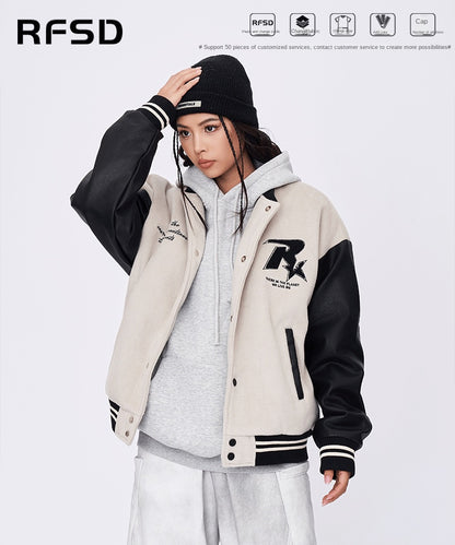 New Retro Street Leather Heavy Industry Embroidered Contrast Color Couple American Baseball Suit Jacket For Men And Women SHW-432