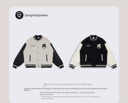 New Retro Street Leather Heavy Industry Embroidered Contrast Color Couple American Baseball Suit Jacket For Men And Women SHW-432