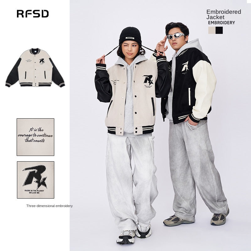 New Retro Street Leather Heavy Industry Embroidered Contrast Color Couple American Baseball Suit Jacket For Men And Women SHW-432